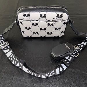 Black and White Crossbody Camera Bag with Logo Strap, NEW, $198 Retail